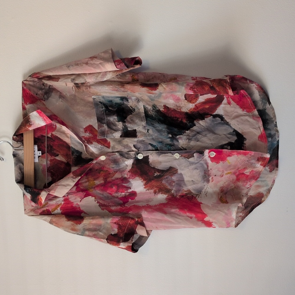 Wray Woman’s Short Sleeve 100% Silk Colorful Abstract Collared Button Down Shirt